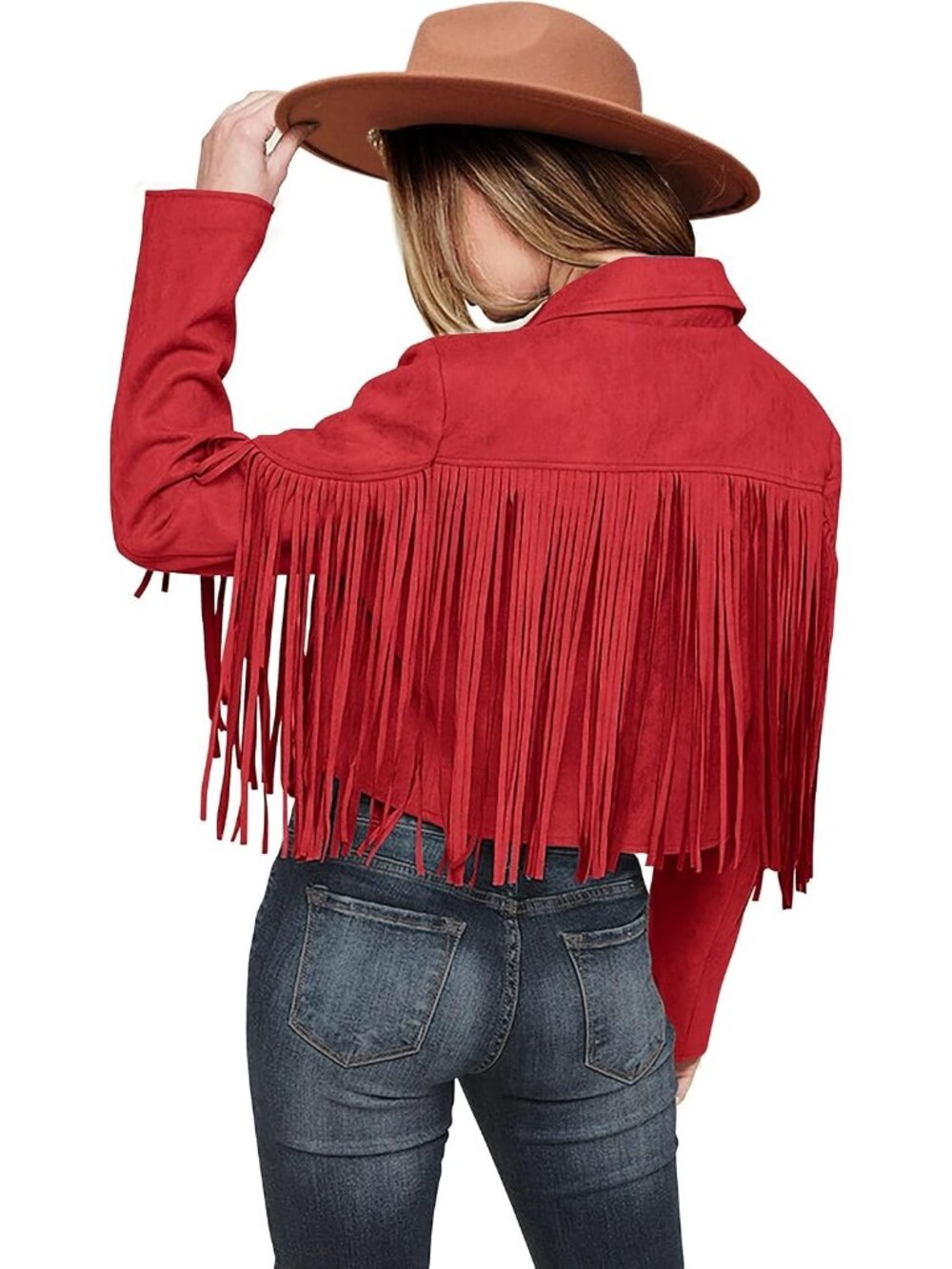 Women’s Red Fringe Faux Suede Western Leather Jacket Casual Stylish